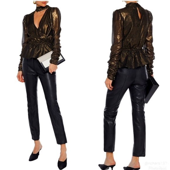 Walter Baker Faulk Puff Bronze Metallic Ruched Peplum Top Size - Picture 7 of 13